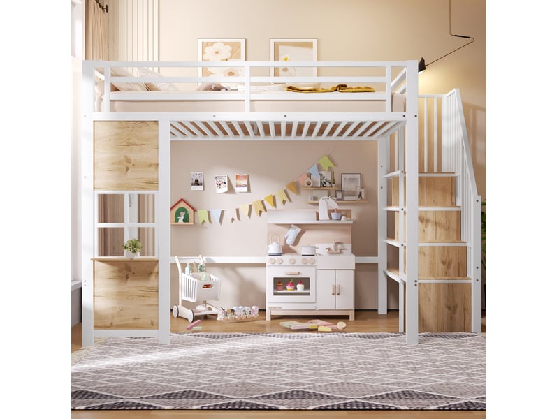  Lit mezzanine enfant 140 x 200 cm en métal et mdf avec escalier de rangement blanc  - Conforama D