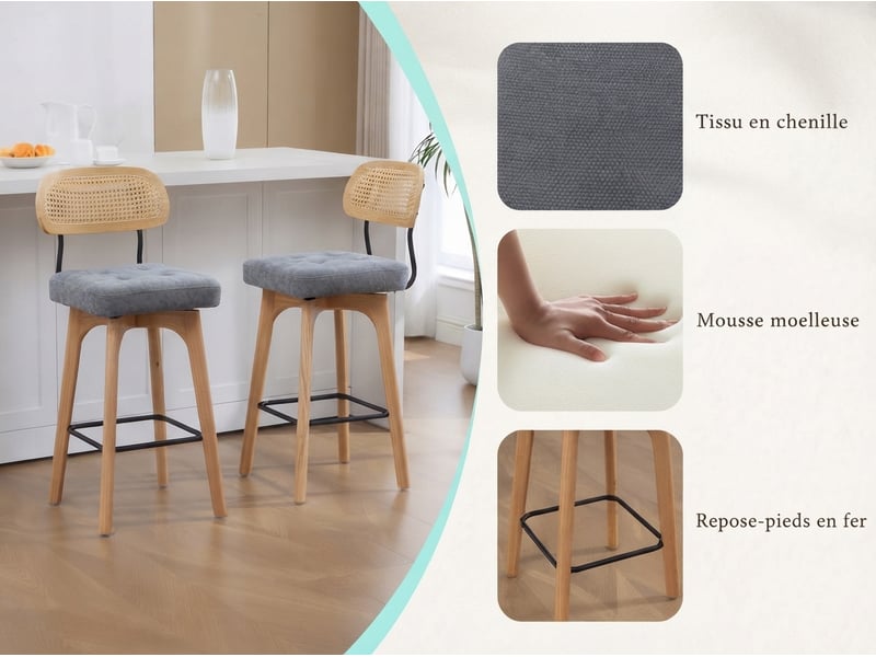 Lot de 2 tabourets de bar pivotants avec dossier effet rotin et assise en chenille beige, piètement bois et métal, design pour îlot central et cuisine - Conforama E