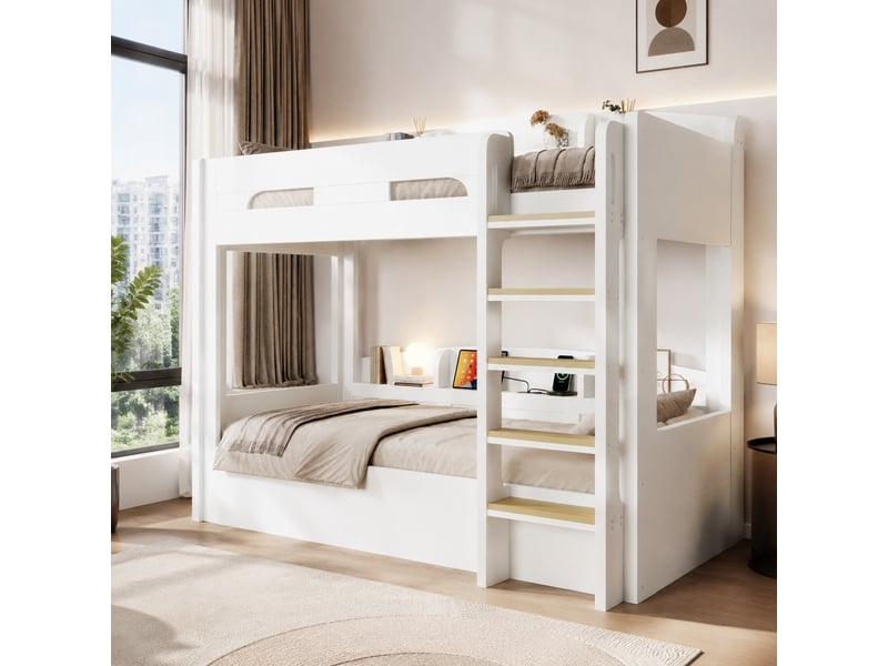  Lit superposé enfant 2 places 90×200 cm avec usb et étagères - okmyhome- sans matelas, bois et mdf - blanc  - Conforama C