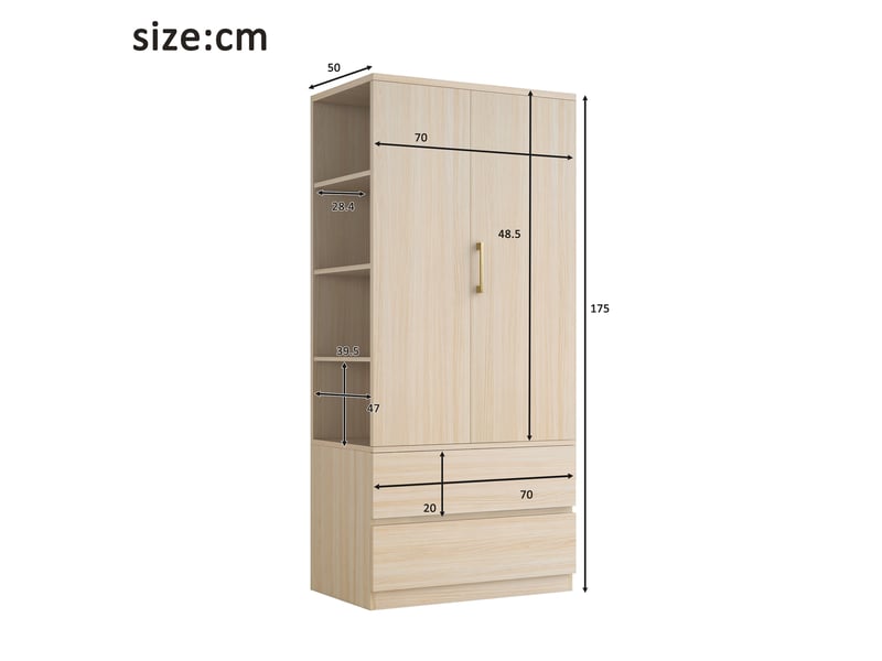  Armoire avec penderie, étagères ouvertes et 2 tiroirs, 70x50x175 cm  - Conforama E