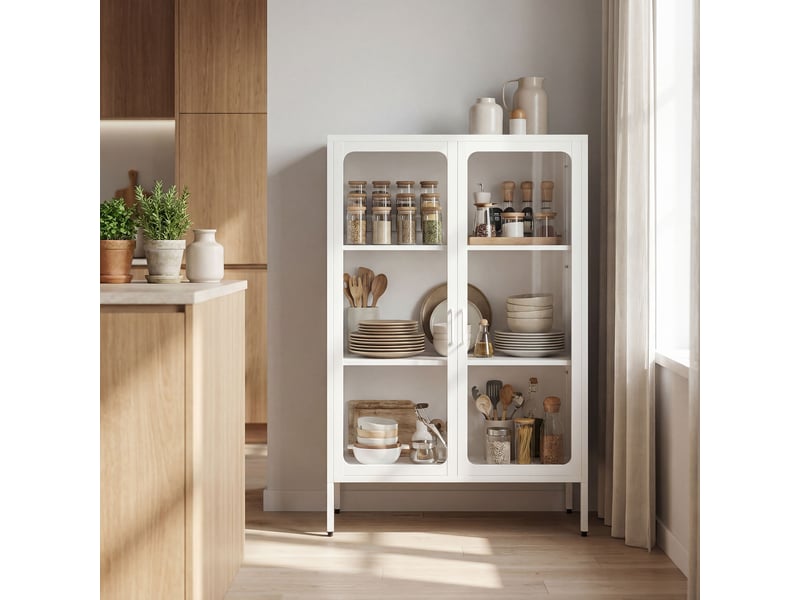  Armoire de bureau avec 2 portes en verre, 2 étagères réglables, meuble de rangement bureau en acier, blanc, 80x40x110cm  - Conforama W