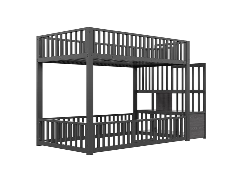  Lit superposé noir 90x200 cm en métal et mdf avec escalier de rangement, éclairage led et barrières avec portillon  - Conforama D