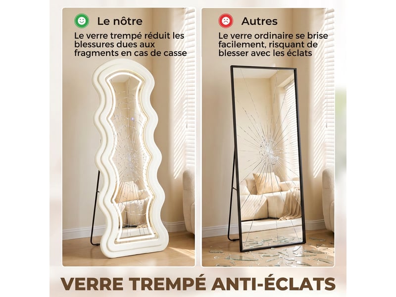  Miroir pleine longueur ondulé 160 x 60 cm, led 3 couleurs, cadre effet velours, verre trempé hd, crème  - Conforama E