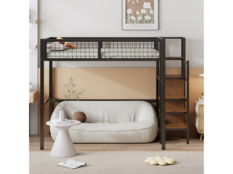  Lit surélevé enfant 140*200 cm noir, échelle sécurisée, structure fer, étagère et penderie intégrée  - Conforama D
