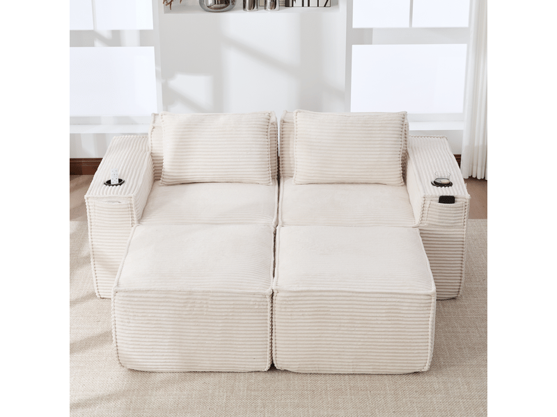  Canapé modulaire 2 places avec 2 poufs et porte-gobelets - lpospi - poches latérales, velours côtelé beige  - Conforama B