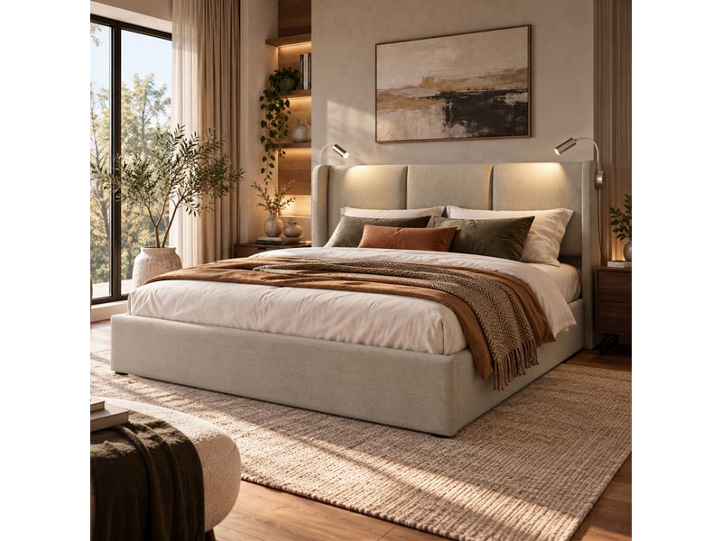  Lit double rembourré 140x200 cm avec coffre de rangement, tête de lit avec liseuse et usb, sommier à lattes, revêtement en lin, sans matelas IKSETERA TRADING LTD - Conforama B