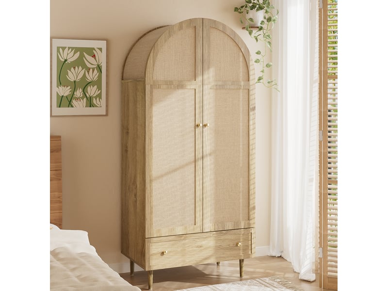  Armoire 79x50x175 cm avec portes en tissu et tiroirs, finition chêne  - Conforama C