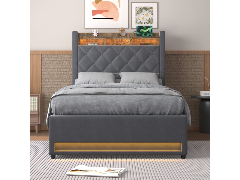  Lit rembourré 1 place 90 x 200 cm en velours avec usb, 2 prises et led réglable, cadre métallique, gris, sans matelas  - Conforama B
