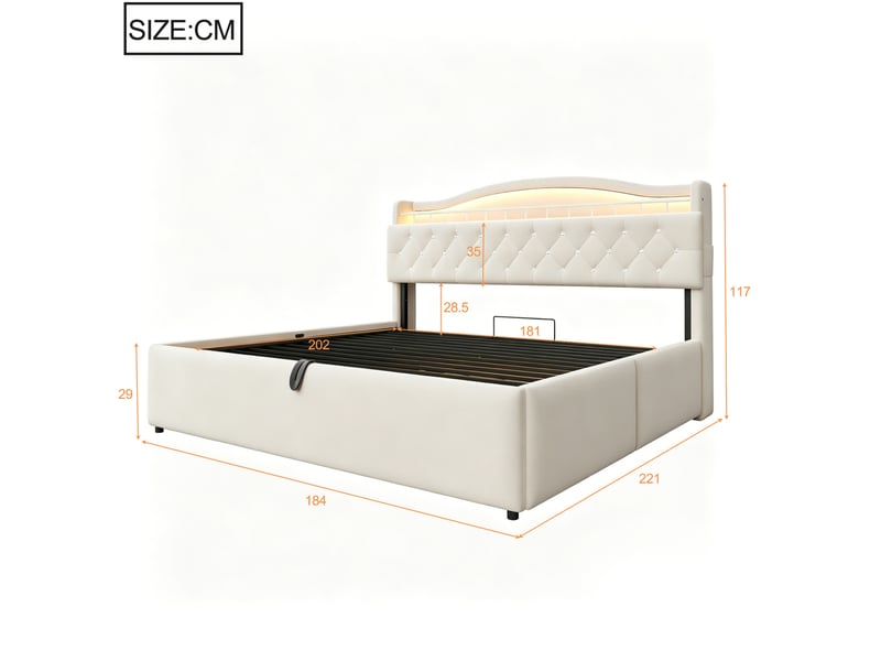 Lit coffre hydraulique 180x200 cm, led usb usb-c, rangements tête de lit, velours et métal, beige sans matelas - Conforama C