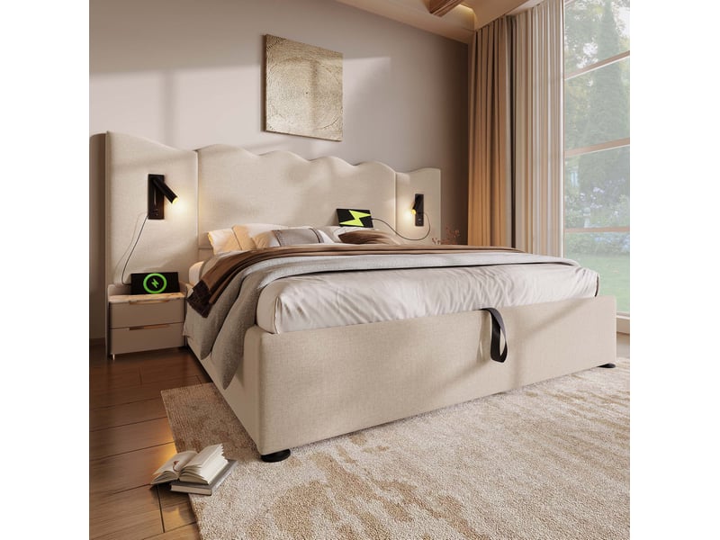 Lit coffre 160 × 200 cm 2 places avec lampe de lecture, usb et type-c, matelas inclus, en lin, beige - Conforama B