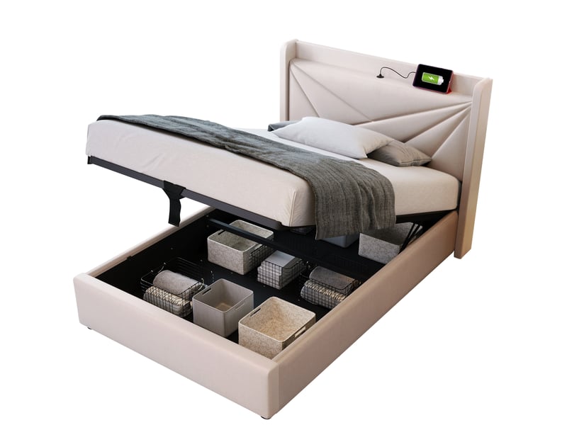  Lit coffre 1 place 90 x 200 cm beige avec tête de lit et ports usbtype-c  - Conforama A