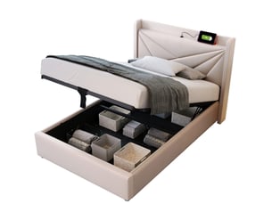 Lit coffre 1 place 90 x 200 cm beige avec tête de lit et ports usbtype-c
