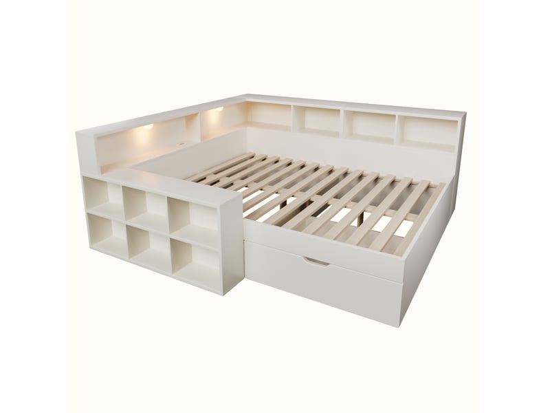 Lit banquette 140x200 cm avec rangement, led de lecture et ports usb-c, blanc, sans matelas - Conforama E