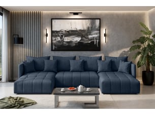 Canapé d'angle panoramique convertible <strong>AX LIVING </strong> <strong>VeliroU</strong> 6 places Velours bleu avec coffre de rangement