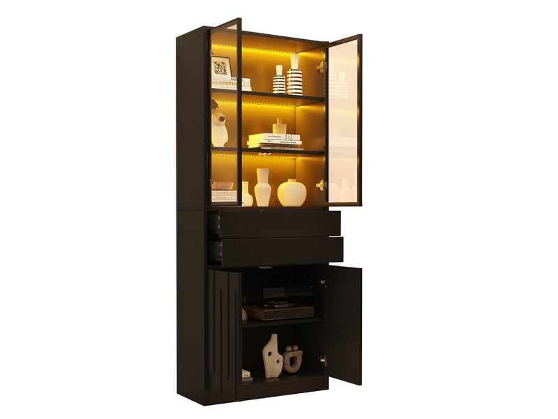 Vitrine haute avec led, portes vitrées et 2 tiroirs, noir, 70x34x180 cm - Conforama E