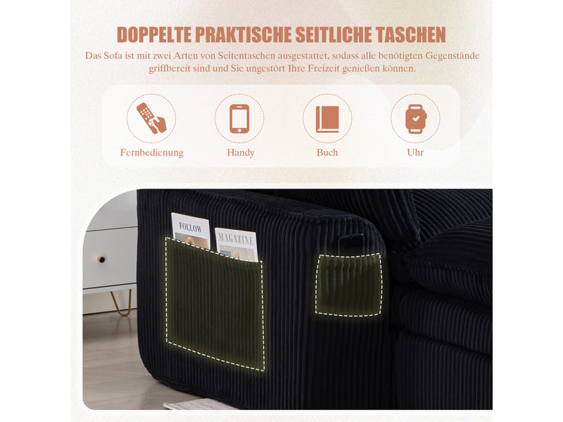 Canapé modulable 3 places en velours côtelé noir avec pouf, coussins et 2 poches latérales - Conforama E