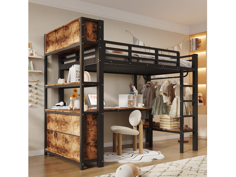Lit mezzanine 90 × 200 cm avec bureau, penderie, étagères et rangements, sans matelas, noir - Conforama D