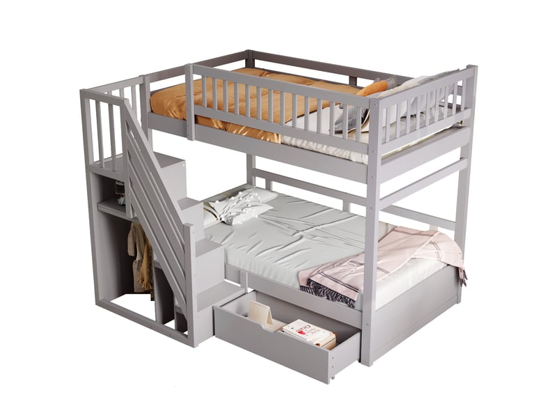  Lit superposé enfant 90x200 cm – gris – escalier de rangement, tiroirs et sommiers à lattes intégrés  - Conforama A