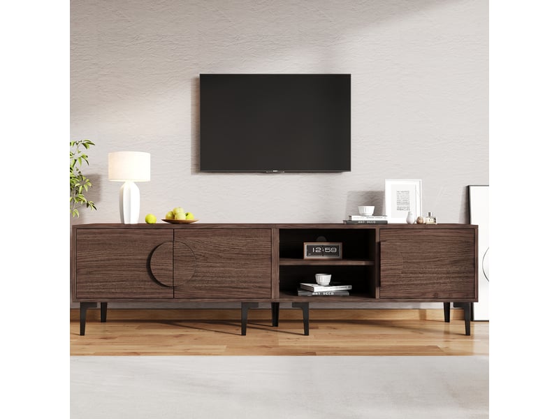  Meuble tv moderne effet noyer foncé 180x35x49 cm avec 2 portes et étagères ouvertes pour tv jusqu'à 80 pouces  - Conforama B