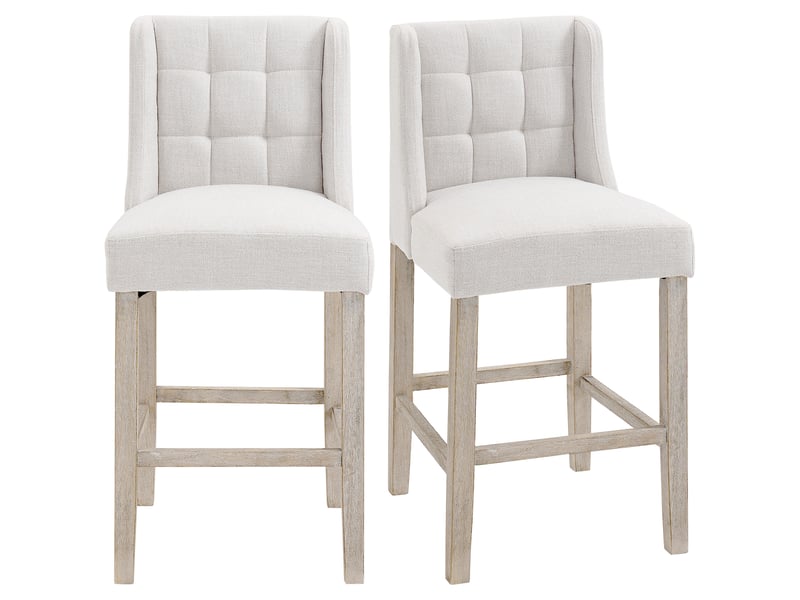  Ensemble de 2 tabourets de bar capitonnés, en bois massif, avec repose-pieds, 47 cm x 50 cm x 101 cm, gris et naturel  - Conforama A