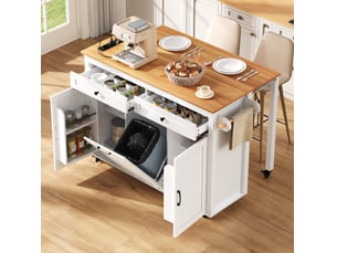 Îlot de cuisine mobile blanc en mdf, extensible 40 à 75 cm, avec roulettes, prises et rangements