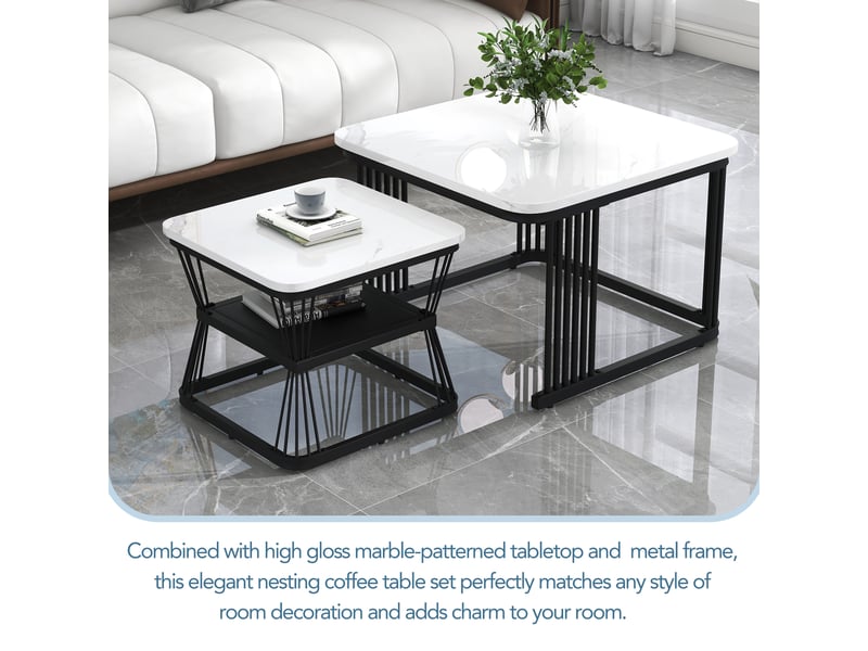  Lot de 2 tables basses gigognes 65x65 cm et 45x45 cm en mdf effet marbre blanc brillant avec pieds en acier noir mat  - Conforama W