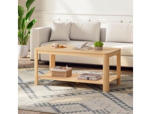 Table basse rectangulaire 100x50 cm – naturel – double niveau de rangement ouvert et pieds striés design