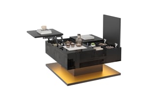 Table basse relevable 72 x 72 x 35 cm, plateau hydraulique et abattant, 2 tiroirs, led via appli, mdf, noir brillant