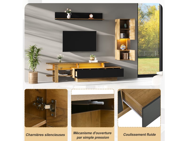  Ensemble meuble tv modenvie 3 pièces 180 x 40 x 45 cm avec vitrine et étagère led usb décor bois naturel noir  - Conforama E