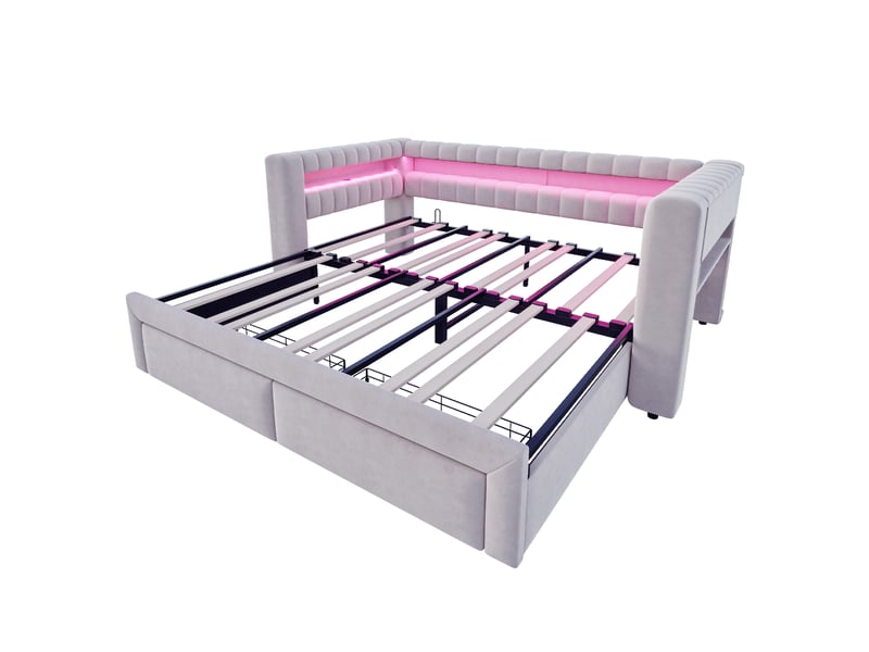  Canapé-lit capitonné 90180 × 190 cm, avec lit gigogne et tiroirs, compartiments de rangement intégrés, éclairage led, ports usb et type-c, revêtement en velours gris clair  - Conforama D