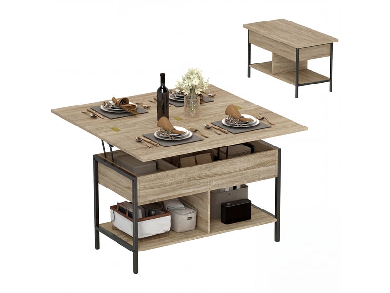  Table basse relevable et extensible avec rangements bois naturel et noir 98x49x55 cm  - Conforama A