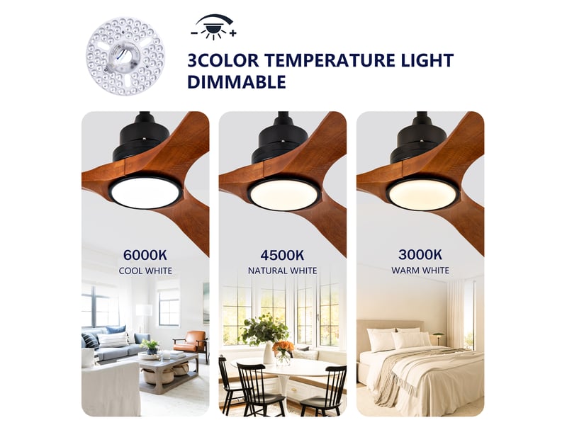  Ventilateur de plafond neuf de 107 cm (42 pouces) avec éclairage, 3 pales en bois massif, double commande intelligente (télécommande + interrupteur mural), moteur cc réversible avec fonction mémoire, ventilateur de plafond silen…  - Conforama W