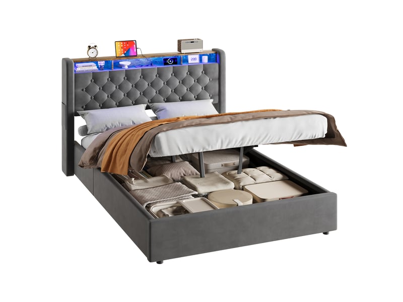 Lit capitonné 140x190 cm avec rangement et velours gris - Conforama E