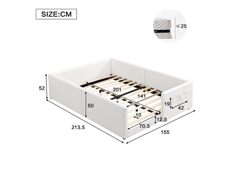Lit enfant 140x200cm - lit 140x200 rembourré avec barrières de sécurité - matériau pu - blanc - Conforama C