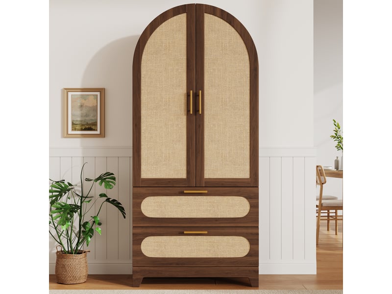  Armoire de cuisine 80x40x175 cm, buffet haut et garde-manger, 2 portes, 2 tiroirs, façade effet rotin, design moderne, mdf et métal brun CozyNest - Conforama B