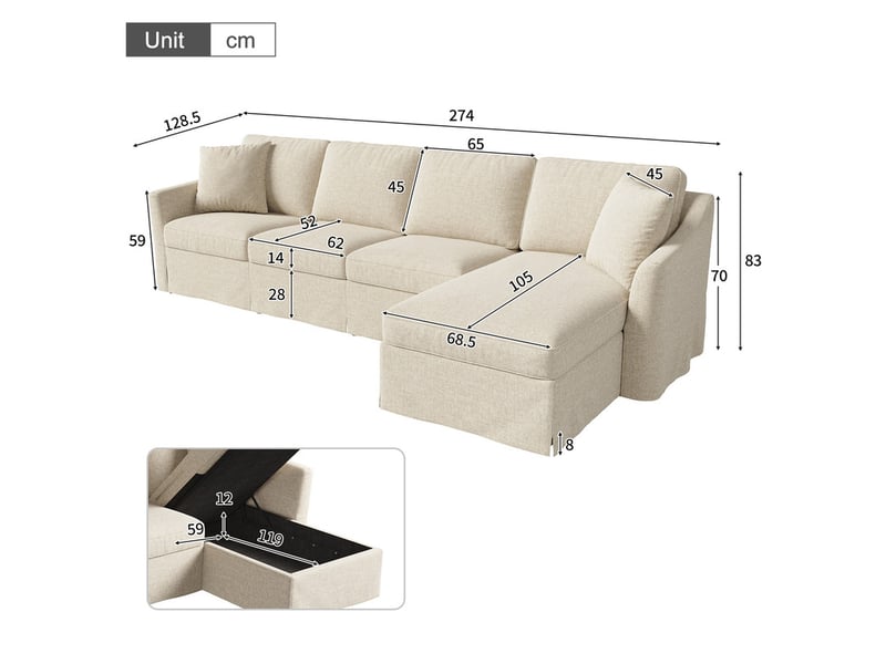 Canapé d'angle en l, 4 places, avec méridienne et coffre de rangement, housses amovibles/lavables coton-lin, beige, 274x128,5x83cm - Conforama C
