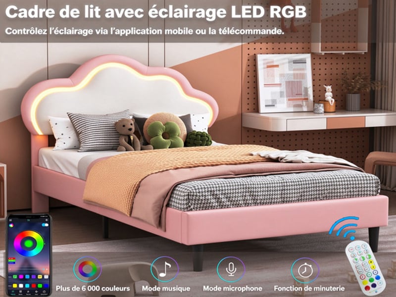 Lit enfant 90x200 cm ezssw, coloris rose  - Conforama D