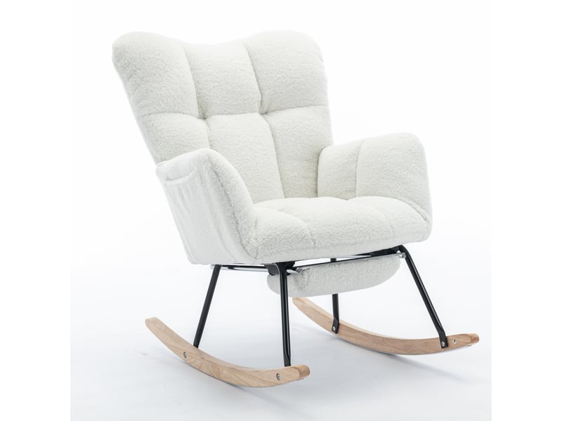  Rocking-chair à dossier haut avec repose-pieds escamotable et accoudoirs, en tissu teddy blanc, 70×98×98,5 cm  - Conforama A