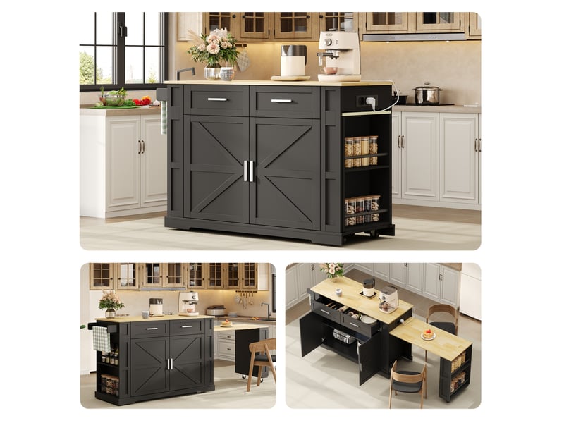  Îlot de cuisine sur roulettes avec plan de travail extensible, prises et usb, 2 tiroirs, noir et naturel  - Conforama E