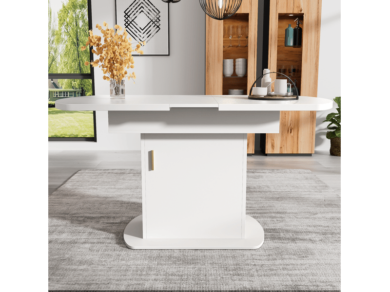 Table de salle à manger ovale extensible 110 à 130 cm blanche et dorée avec rangements intégrés, style moderne - Conforama E