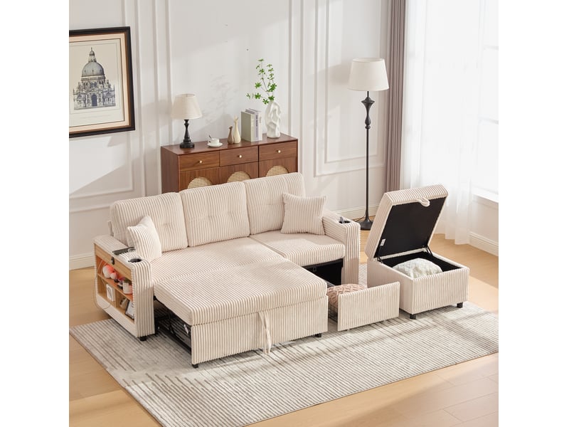  Canapé 3 places rangement 196x82–144x85cm coussins douillets lumières led prise usb‑c intégrée velours côtelé beige  - Conforama D