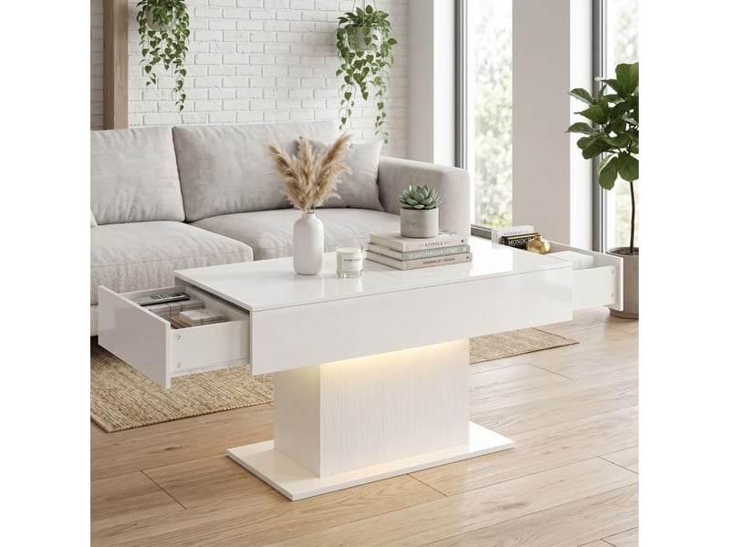  Table basse led avec rangement 108x48x55 cm, 2 tiroirs, télécommande, blanc brillant  - Conforama C