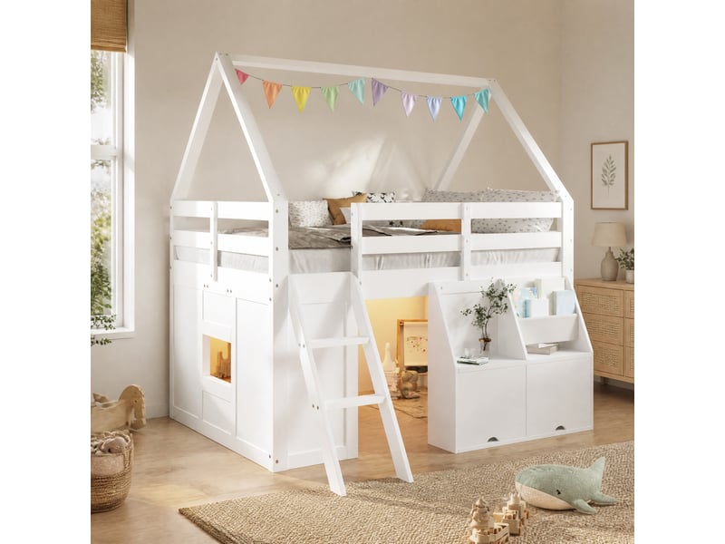 Lit mezzanine enfant 1 place 140×200 cm avec escalier, led et rangements - okmyhome- blanc, sans matelas - Conforama B