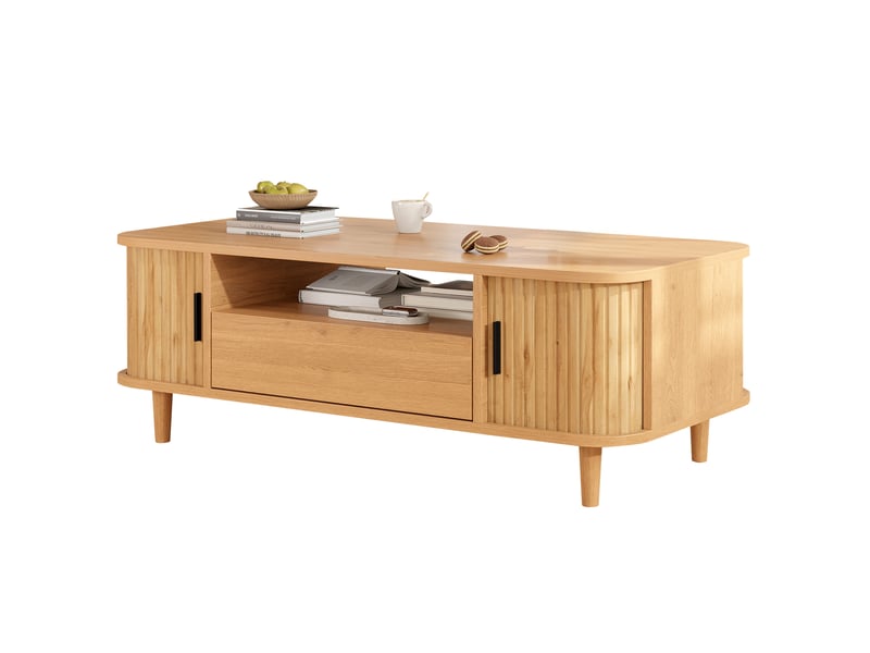  Table basse 100x50x35 cm avec tiroir et portes coulissantes coloris bois naturel  - Conforama A