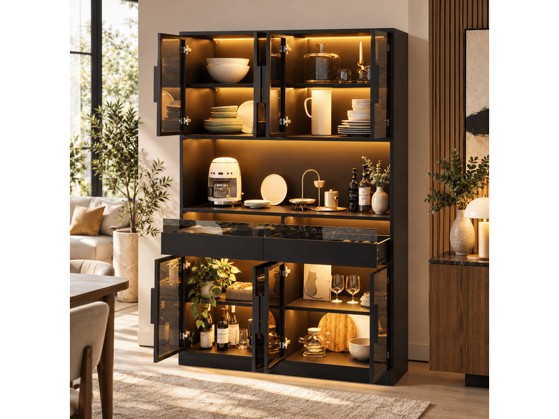 Vitrine led 120x40x180 cm avec 8 portes en verre trempé, 2 tiroirs et niche ouverte, meuble vitrine en mdf et verre, gris OMNIGLINT TRADING LTD - Conforama B
