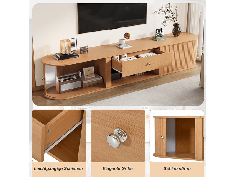 Meuble tv 180 cm pour écran jusqu’à 75 pouces, 2 portes à rideau rainurées, 1 tiroir, niche ouverte, coins arrondis, effet bois naturel - Conforama E