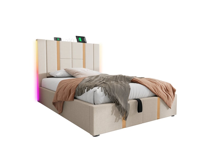  Lit coffre 1 place 90x200 cm led rgb usb et type-c en lin beige  - Conforama A