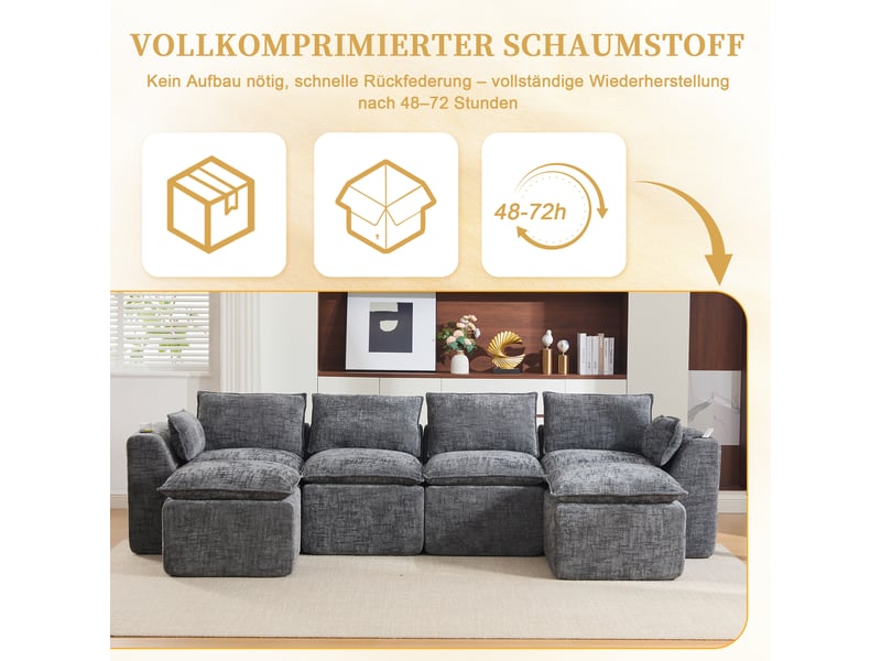  Canapé modulable compression d'angle en u,322x161x75cm,velours côtelé,canapé 4 places avec 2 poufs,porte-gobelets,poches latérales,sans montage,gris foncé  - Conforama E