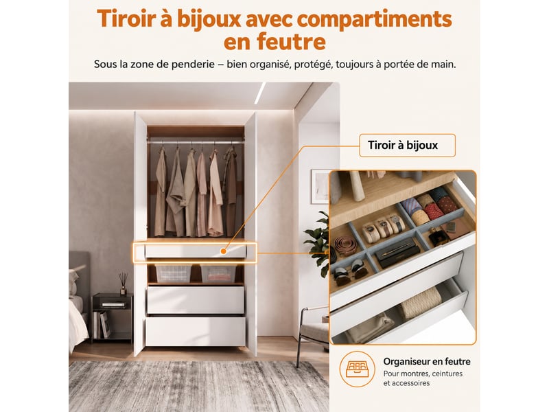  Armoire blanc avec tiroir à bijoux, 90 x 50 x 200 cm, 4 portes, tringle à vêtements et 2 tiroirs  - Conforama E
