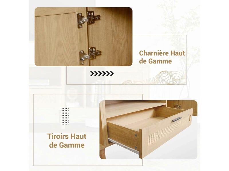  Meuble tv 180 cm aspect bois et rotin 2 portes 1 tiroir - pour écran 80 pouces  - Conforama D